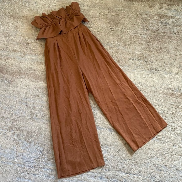 ASTR The Label Linen Jump Suit Wide Leg Strapless Ruffle Backless Elasticated: L - Picture 2 of 12